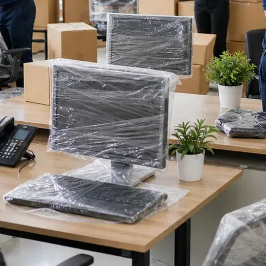 Office equipment packed with protective wrap